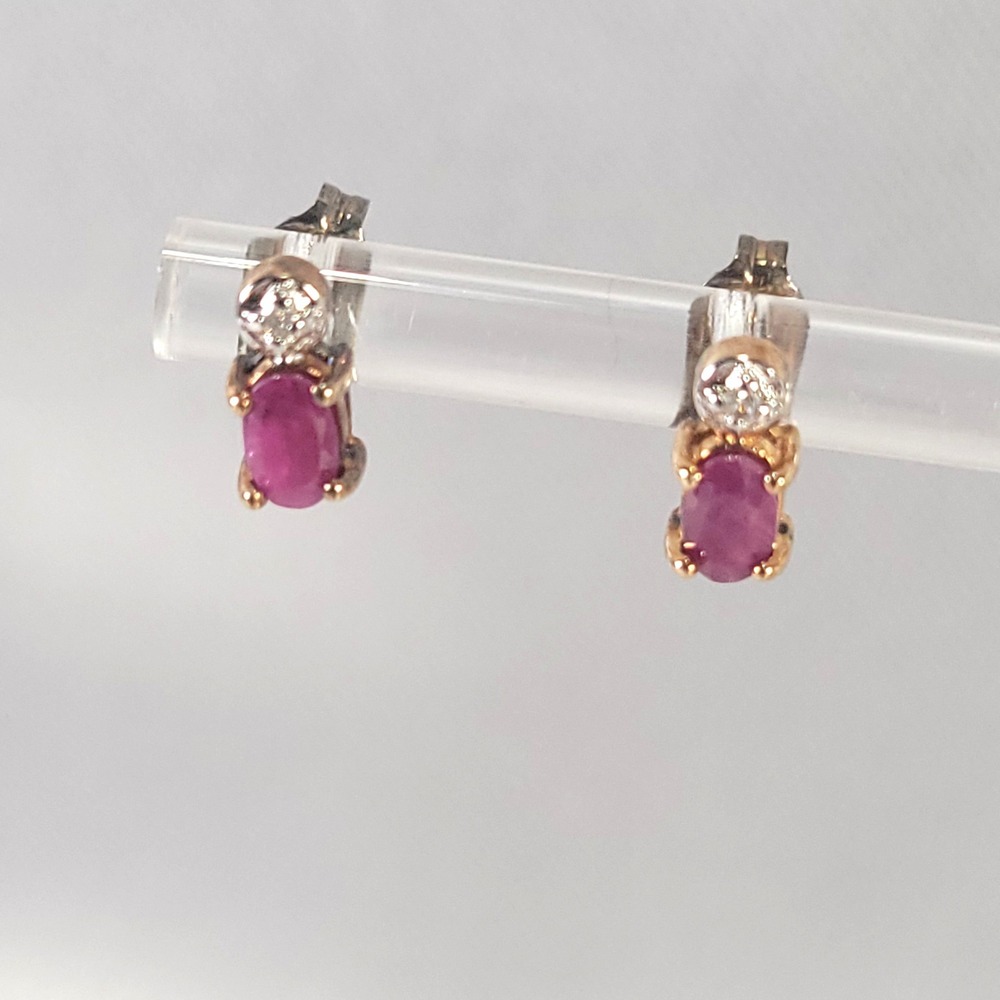 Sterling Silver Ruby Diamond Earrings Womens Gold Vermeil‎ Oval Studs